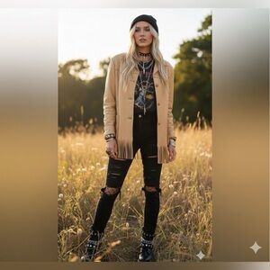 Vintage Leather Fringe Jacket Natural Tan XL Coachella